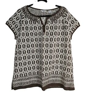 Liz Claiborne Brown Smocked Split Neck Linen Blend Blouse XL Clean Girl Natural